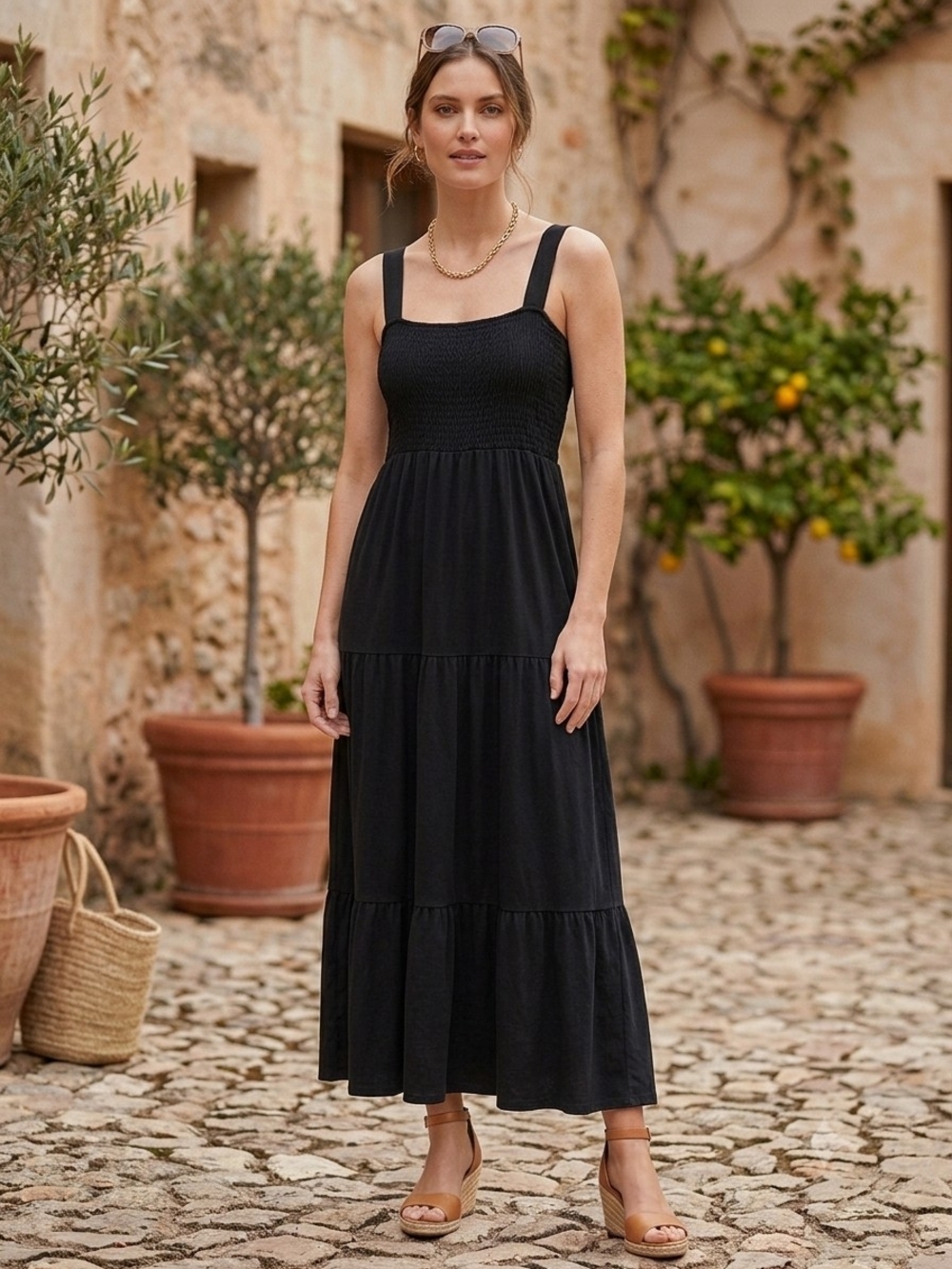 LOFT Petite Black Smocked Tiered Maxi Dress Size MP